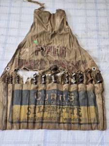 lot 85 image: Vintage Wood Auger Drill Bits in Vintage Curtis Woodwork Apron , Bale Hook, Box