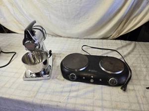 lot 105 image: GE Dual Burner Hot Plate and Vintage Chrome Electric Mixer Bundle