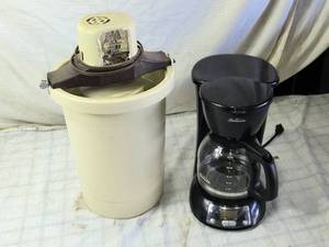 lot 111 image: Richmond Cedar Works Ice Cream Maker (not sure if complete) & Black Coffee Maker Bundle