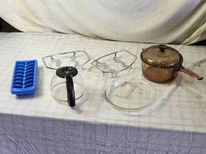 lot 114 image: Pot, Casserole Stands, Glass Carafe, and Ice Cube Tray