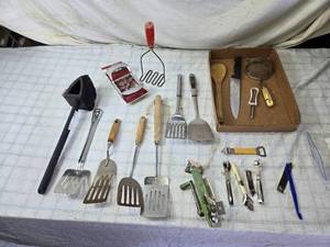 lot 120 image: Kitchen Utensils and Tools Including Egg Slicer, Spatulas, and Openers