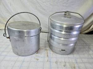 lot 122 image: Vintage Aluminum Camp Cookware Set with Utensils