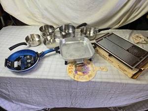 lot 124 image: Collection of Pots, Pans, Electric Skillet with Automatic Food Warmer (No Cord)