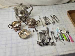 lot 141 image: Silver Plate and Stainless Steel Flatware with Silver-Plated Tea Set