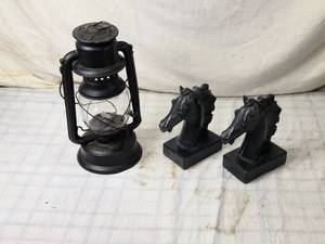 lot 153 image: Faux Antique Metal Lantern and 2 Horse Head Bookends