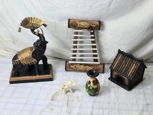 lot 156 image: Exotic Decor Items Featuring Elephant Statues and Musical Instrument