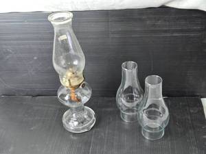 lot 157 image: Glass Oil Lamp with 2 Extra Chimneys