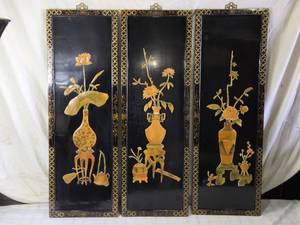lot 168 image: Vintage Asian Lacquer Panels with Inlaid Floral Designs - 3 Tall - Some Chips