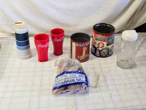 lot 175 image: Kitchen Collectibles Including Coca-Cola Cups and Coffee Tins
