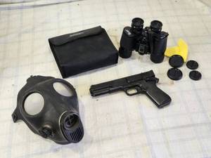 lot 182 image: Bushnell 7x35 Coated Optics Binoculars and Marksman Repeater BB Gun with Gas Mask