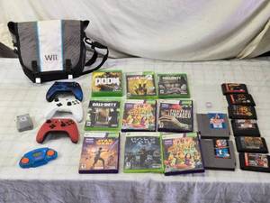 Collection of Xbox, Nintendo & Sega Games with Controllers and Wii Bag