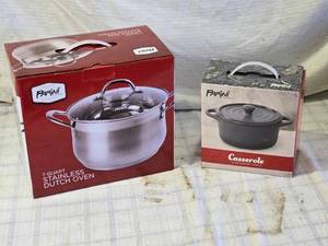 lot 219 image: Parini Cookware 7qt Stainless Steel Dutch Oven and 1qt Gray Casserole