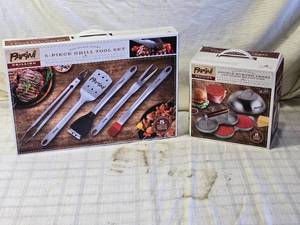 lot 221 image: Parini Stainless Steel Grill Tool Set and Double Burger Press
