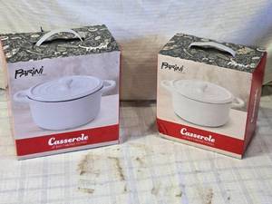 lot 223 image: Set of 2 Parini White Flameproof Casserole Dishes 1.5QT and 2QT