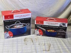 lot 228 image: Emeril Lagasse Premium Ceramic Nonstick Cookware 4.5QT Stockpot and 1.5QT Sauce Pan