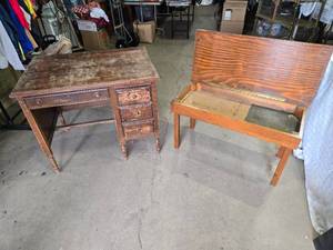 lot 250 image: Antique Wooden Desk and Piano Bench