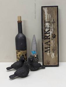 lot 55 image: 6 Piece Dark Market Decor - Birds, Wine and Signs