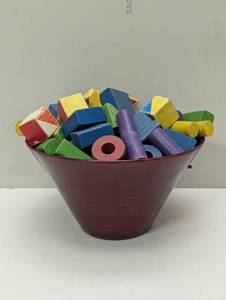 lot 64 image: Vintage Bamboo Bowl with Wooden Building Block Fillers