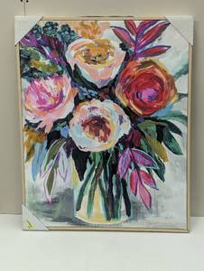 lot 72 image: 24 x 30 Colorful Floral Framed Canvas Natural - Threshold