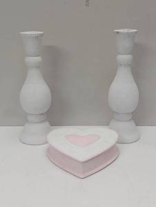 lot 51 image: 3 Piece Love Set -  2 Candle Stick Holders with Ceramic Storage Hearrt