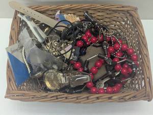 lot 37 image: Basket of Mixed Vintage Jewelry - Watches, Earrings, Necklaces and more.