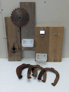 lot 9 image: Wall Hangers & Horse Shoes - Coat and Key Hooks to Bottle Opener with 4 Horsehoes