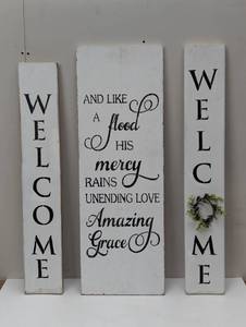 lot 16 image: 3 Hand Painted Front Entry Signs - Welcome  Amazing Grace