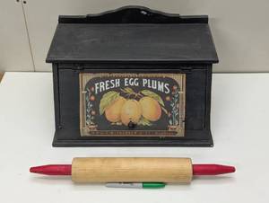 lot 20 image: Wooden Bread Box with Vintage Wooden Rolling Pin