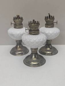 lot 23 image: 3 Mini BrassGlass Oil Lamps