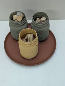 lot 8 image: 3 Mason Jars filled with Wine Corks on Stone Ware Tray - Table Decor
