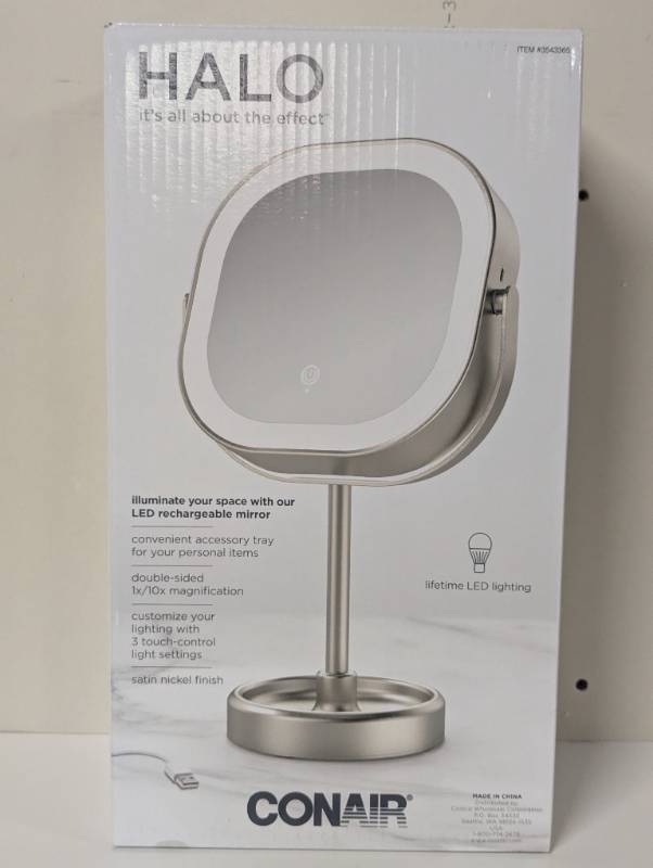 lot 4 image: Conair HALO Double Sided LED,Lighted Tabletop Mirror, Magnification Satin Nickel