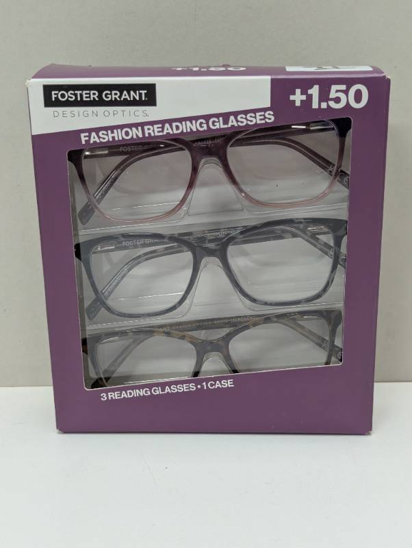 lot 91 image: Design Optics by Foster Grant Kiersey Plastic Square Reading Glasses, 3-pk,1.50