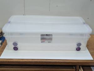 lot 43 image: Set of 2 - Wheeled Sterilite 60qt Clear View Underbed Storage Bin with Latch Purple - Set of 2