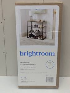 lot 102 image: 4 Tier Shoe Rack Black Metal with Natural Wood - Brightroom