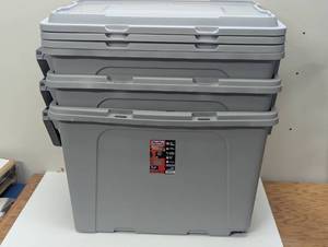 lot 105 image: Set of 3 - Hefty 28gal Max Tote Wheel Polypropylene Storage Bin with Lid, Locking Handles & Wheels, Universal Utility Tubs, Gray