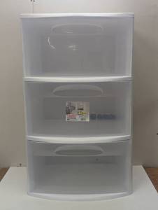 lot 116 image: Sterilite Three Drawer Wide Cart with Clear Drawers - Damaged Back Drawer