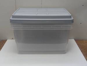 lot 125 image: Set of 2 - Hefty 72qt Clear Hi-Rise Storage bin with Stackable Lid - Slight Corner Damage