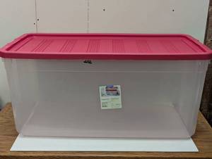lot 136 image: 50gal Clear Stacker Box - Clear Base Rocket Red Lid and Latch - Brightroom