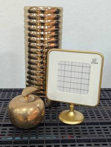 lot 19 image: BrassCopper Decor - Tall Vase, Heavy Apple and Cute Picture Frame