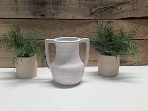 lot 57 image: 3 Piece Center Piece Set - 2 Faux Plants with 1 Ceramic Tabletop Decor