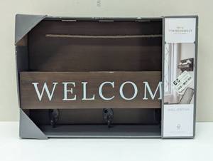 lot 108 image: Wood Mail Station - 15 x 10 - Welcome with 4 Coat Hooks and Rope - Mail Station