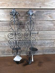 lot 56 image: 2 Large Metal Mosaic Wall Sconce Candle Holders - Wall Hangers
