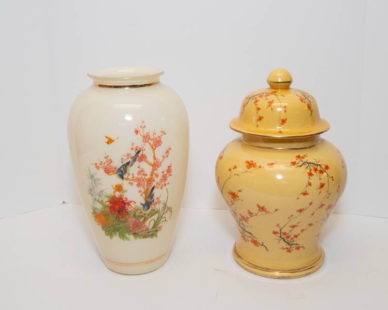 lot 59 image: Vintage Asian Cherry Blossom Vase and YellowGold Chinese Ginger Jar With A Red Floral Design
