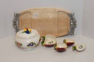 lot 262 image: Charcuterie Board, Apple Measuring Cups, and a Dish with Lid