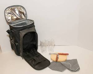 lot 236 image: Picnic Set - Includes Cooler, Napkins, Cutting Board and Cheese Knife, Bottle Opener, and Plastic Wine Glasses