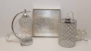 lot 271 image: Silver Tray, Sparkly Hanging Pendant Light and Matching Lamp