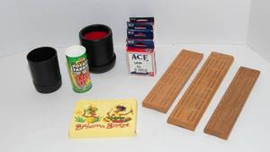 lot 288 image: Dice, Playing Cards, Cribbage Boards, Pocket Farkle, and Two Dice Cups