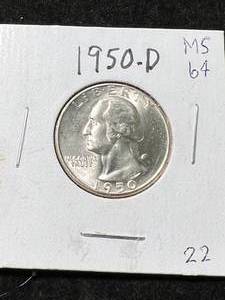 lot 06 image: 1950-D US WASHINGTON QUARTER MS64