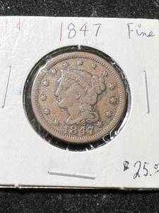 lot 27 image: 1847 US BRAIDED HAIR LARGE CENT