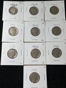 lot 48 image: GROUP OF 10 US BUFFALO NICKELS 1916D-1919